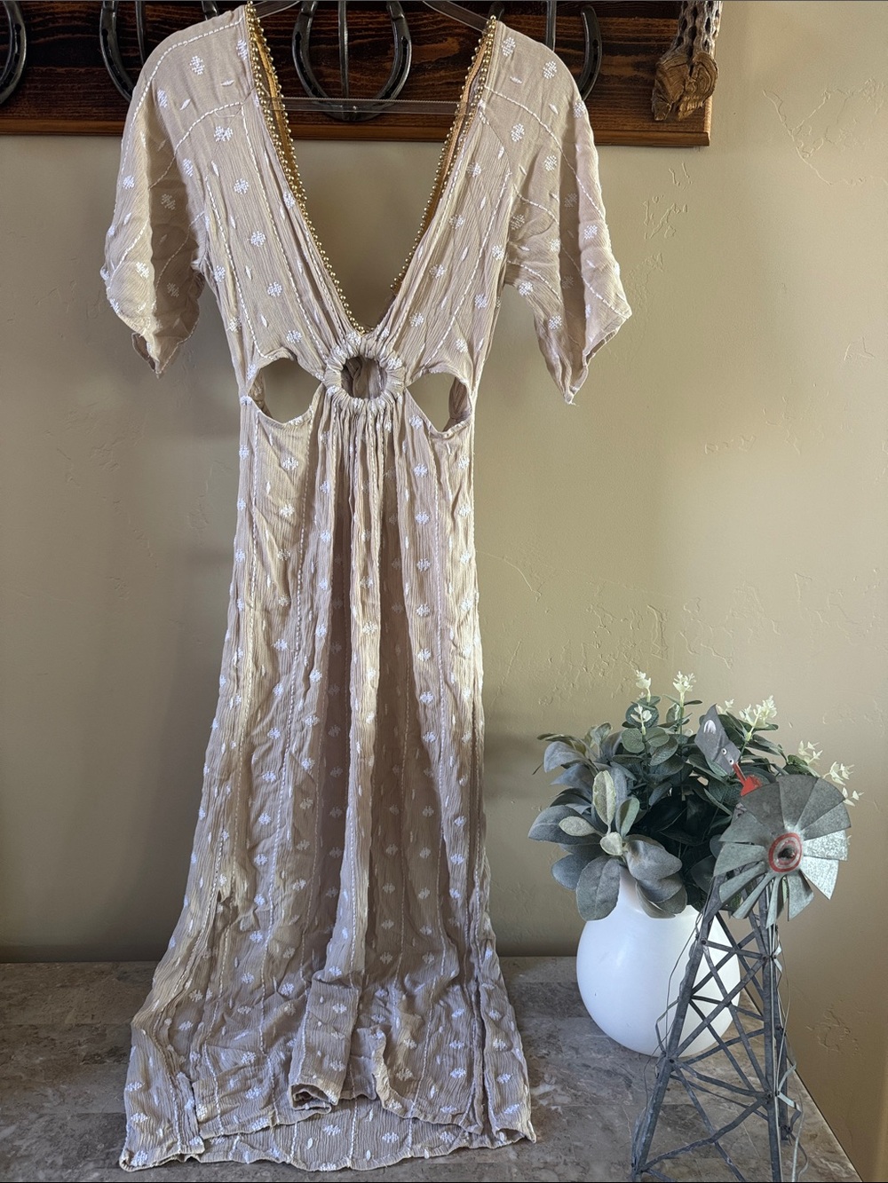 Z & L Boho Beige Ring-Cutout V-Neck Maxi Dress